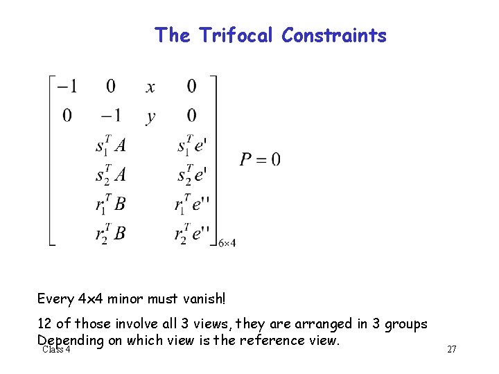 The Trifocal Constraints Every 4 x 4 minor must vanish! 12 of those involve