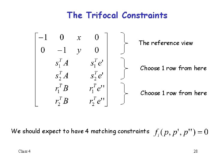 The Trifocal Constraints The reference view Choose 1 row from here We should expect