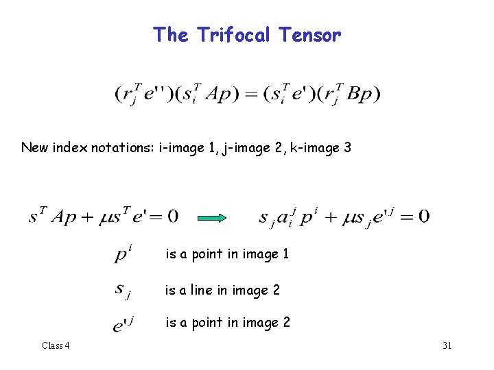 The Trifocal Tensor New index notations: i-image 1, j-image 2, k-image 3 is a