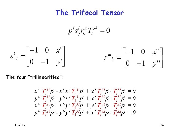 The Trifocal Tensor The four “trilinearities”: x” Ti 13 pi - x”x’ Ti 33