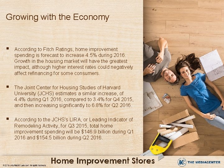 Growing with the Economy § According to Fitch Ratings, home improvement spending is forecast