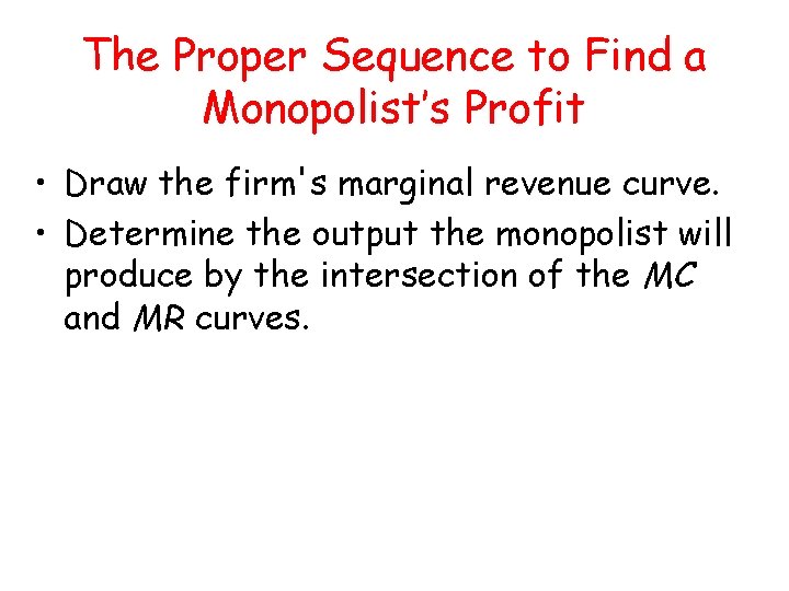The Proper Sequence to Find a Monopolist’s Profit • Draw the firm's marginal revenue The Proper Sequence to Find a Monopolist’s Profit • Draw the firm's marginal revenue