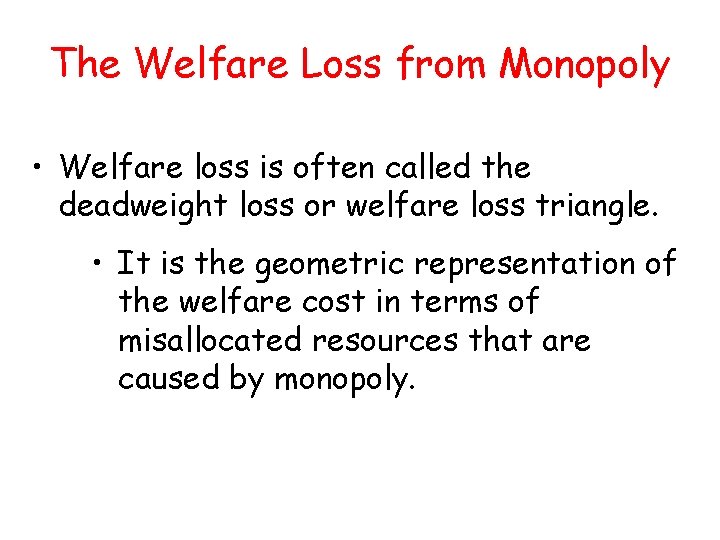 The Welfare Loss from Monopoly • Welfare loss is often called the deadweight loss The Welfare Loss from Monopoly • Welfare loss is often called the deadweight loss