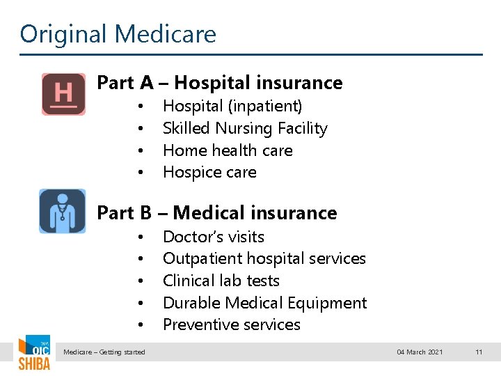 Original Medicare Part A – Hospital insurance • • Hospital (inpatient) Skilled Nursing Facility