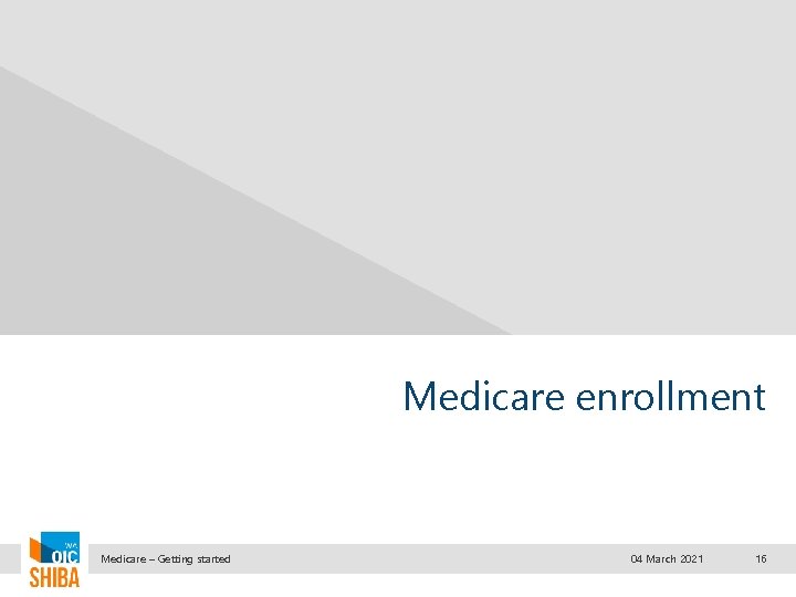 Medicare enrollment Medicare – Getting started 04 March 2021 16 