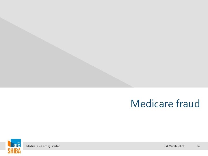 Medicare fraud Medicare – Getting started 04 March 2021 62 