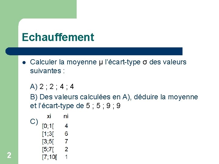 Echauffement l Calculer la moyenne μ l’écart-type σ des valeurs suivantes : A) 2