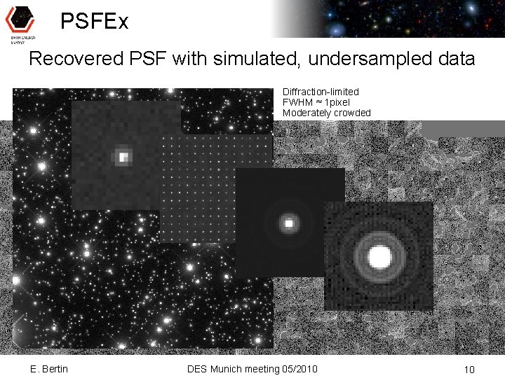 PSFEx Recovered PSF with simulated, undersampled data Diffraction-limited FWHM ≈ 1 pixel Moderately crowded