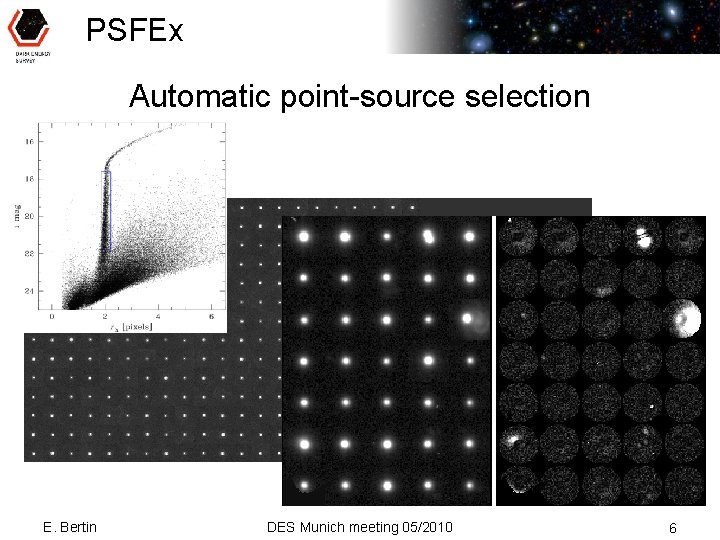PSFEx Automatic point-source selection E. Bertin DES Munich meeting 05/2010 6 