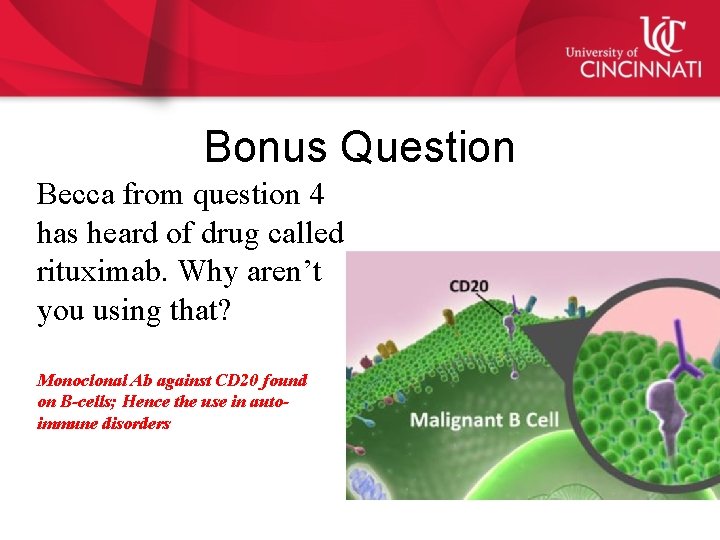 Bonus Question Becca from question 4 has heard of drug called rituximab. Why aren’t