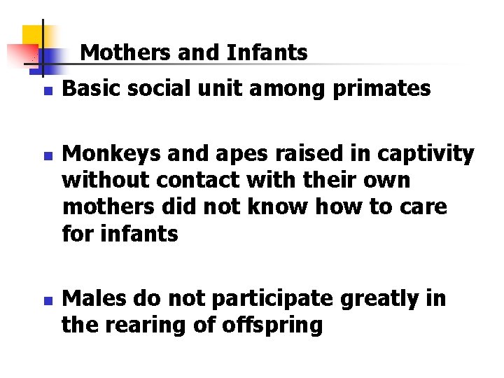 Mothers and Infants n n n Basic social unit among primates Monkeys and apes