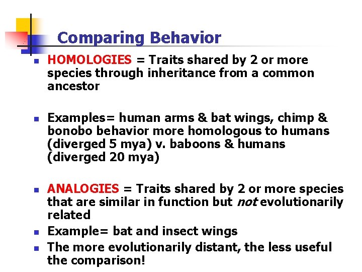 Comparing Behavior n n n HOMOLOGIES = Traits shared by 2 or more species