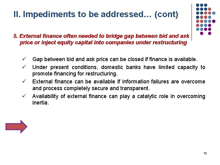 II. Impediments to be addressed… (cont) 5. External finance often needed to bridge gap