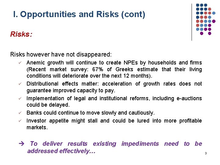 I. Opportunities and Risks (cont) Risks: Risks however have not disappeared: ü ü ü