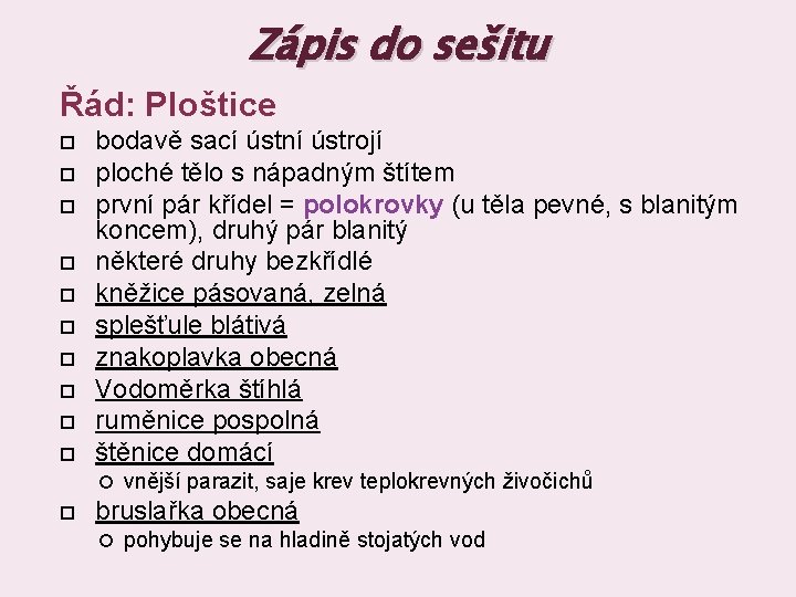 Zápis do sešitu Řád: Ploštice bodavě sací ústní ústrojí ploché tělo s nápadným štítem