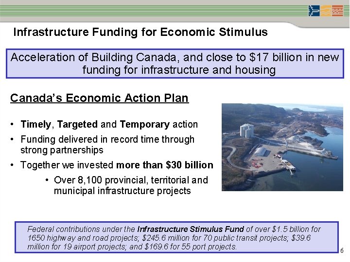 Infrastructure Funding for Economic Stimulus Acceleration of Building Canada, and close to $17 billion
