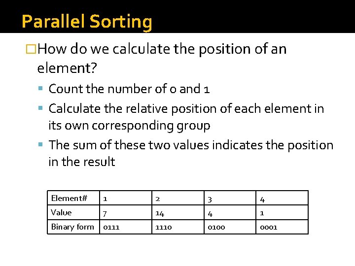 Parallel Sorting �How do we calculate the position of an element? Count the number Parallel Sorting �How do we calculate the position of an element? Count the number