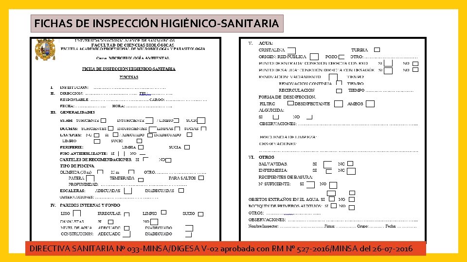 FICHAS DE INSPECCIÓN HIGIÉNICO-SANITARIA DIRECTIVA SANITARIA Nº 033 -MINSA/DIGESA V-02 aprobada con RM N°