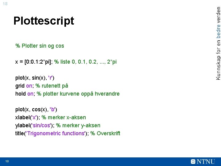 18 Plottescript % Plotter sin og cos x = [0: 0. 1: 2*pi]; %