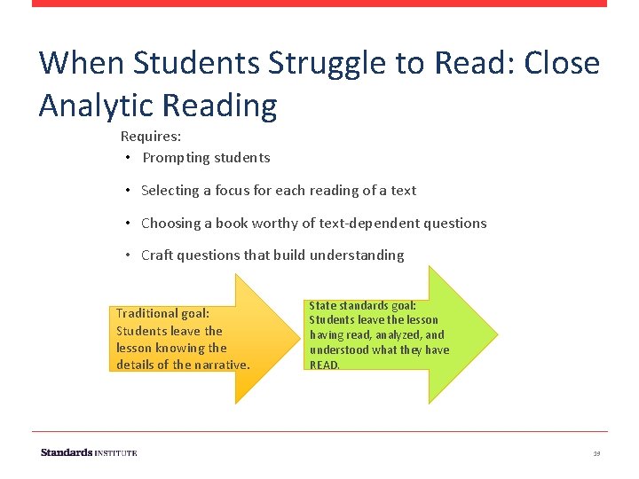 When Students Struggle to Read: Close Analytic Reading Requires: • Prompting students • Selecting