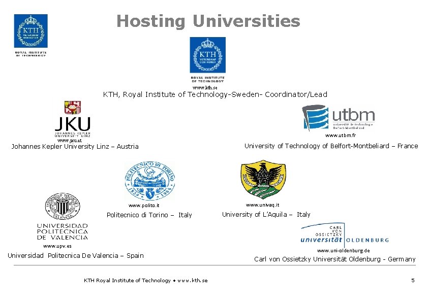 Hosting Universities www. kth. se KTH, Royal Institute of Technology-Sweden- Coordinator/Lead www. utbm. fr