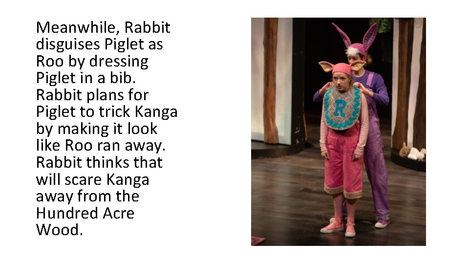 Meanwhile, Rabbit disguises Piglet as Roo by dressing Piglet in a bib. Rabbit plans Meanwhile, Rabbit disguises Piglet as Roo by dressing Piglet in a bib. Rabbit plans