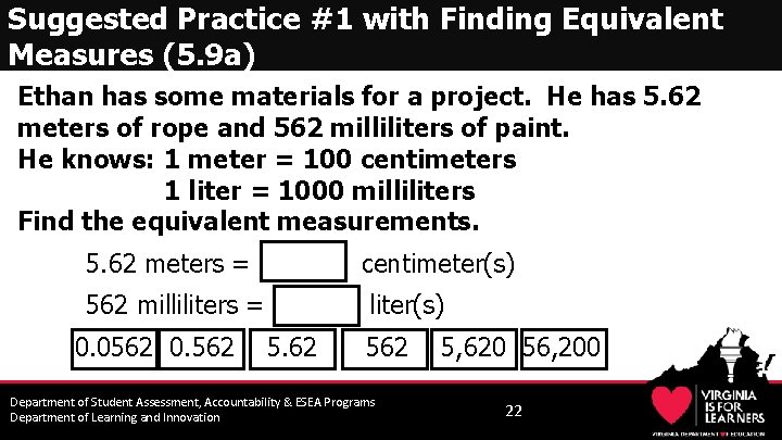 Suggested Practice #1 with Finding Equivalent Measures (5. 9 a) Ethan has some materials