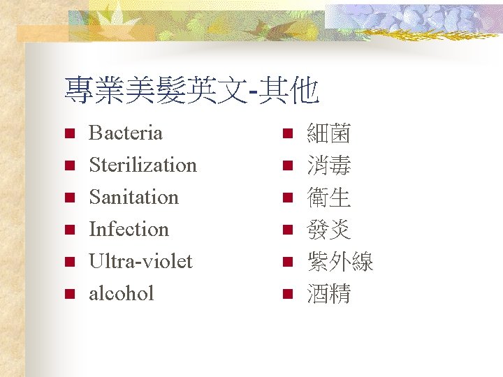 專業美髮英文-其他 n n n Bacteria Sterilization Sanitation Infection Ultra-violet alcohol n n n 細菌