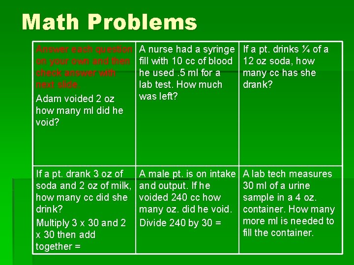 Math Problems Answer each question on your own and then check answer with next