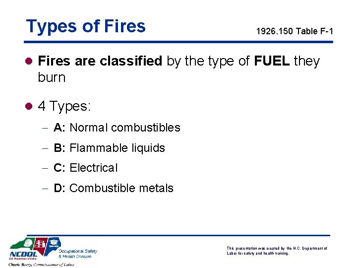 Types of Fires 1926. 150 Table F-1 l Fires are classified by the type Types of Fires 1926. 150 Table F-1 l Fires are classified by the type