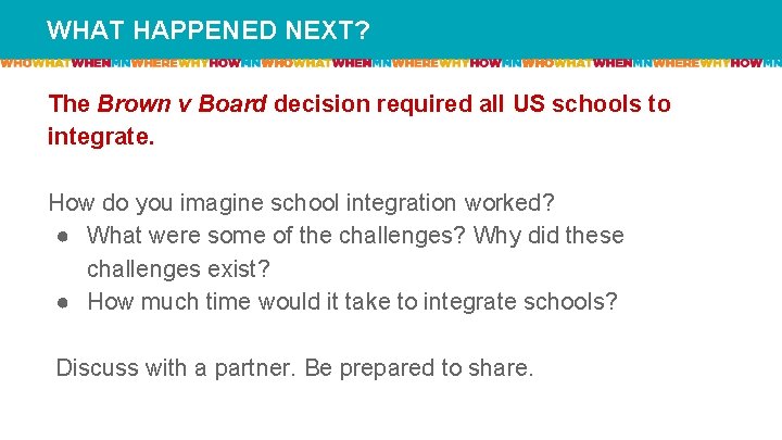 WHAT HAPPENED NEXT? The Brown v Board decision required all US schools to integrate.