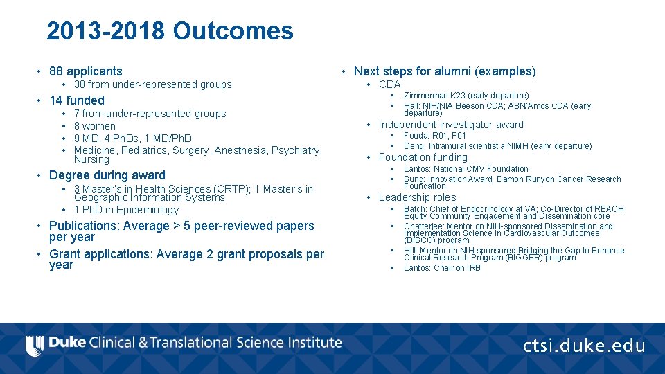 2013 -2018 Outcomes • 88 applicants • 38 from under-represented groups • 14 funded