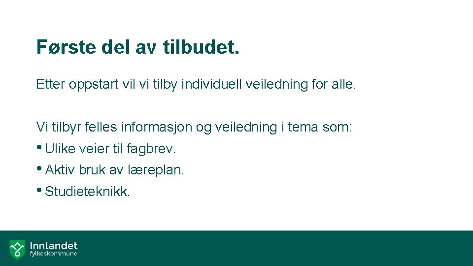 Første del av tilbudet. Etter oppstart vil vi tilby individuell veiledning for alle. Vi