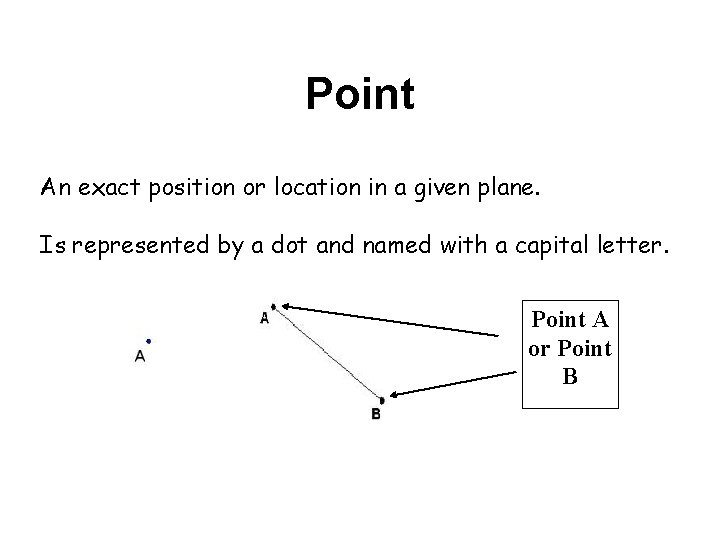 Point An exact position or location in a given plane. Is represented by a