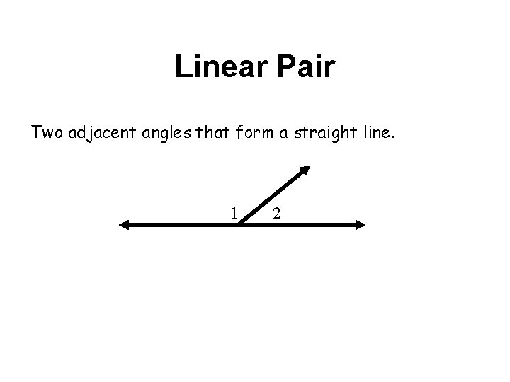 Linear Pair Two adjacent angles that form a straight line. 1 2 