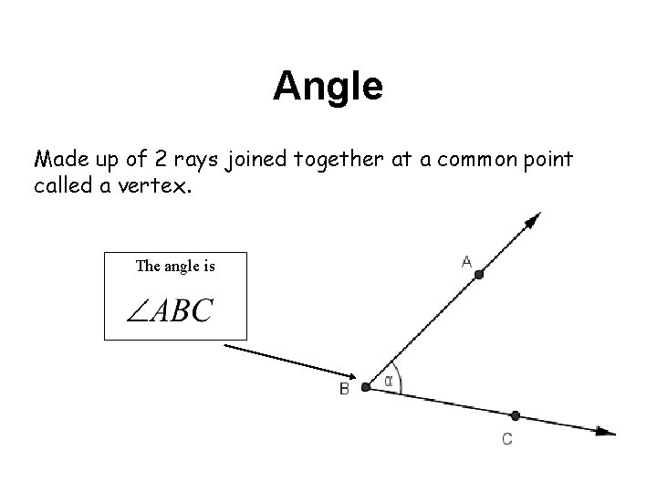 Angle Made up of 2 rays joined together at a common point called a