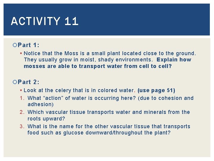 ACTIVITY 11 Part 1: § Notice that the Moss is a small plant located