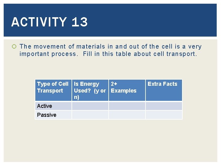 ACTIVITY 13 The movement of materials in and out of the cell is a