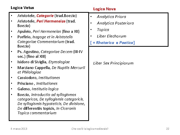 Logica Vetus • • • Logica Nova Aristotele, Categorie (trad. Boezio) Aristotele, Peri Hermeneias