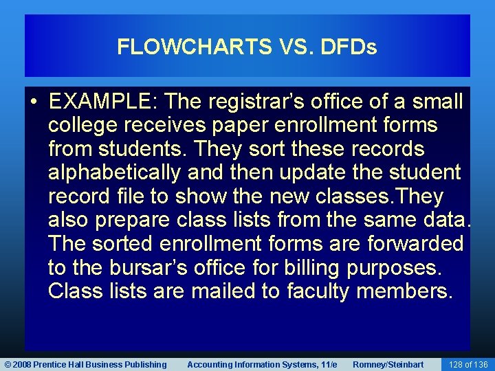 FLOWCHARTS VS. DFDs • EXAMPLE: The registrar’s office of a small college receives paper