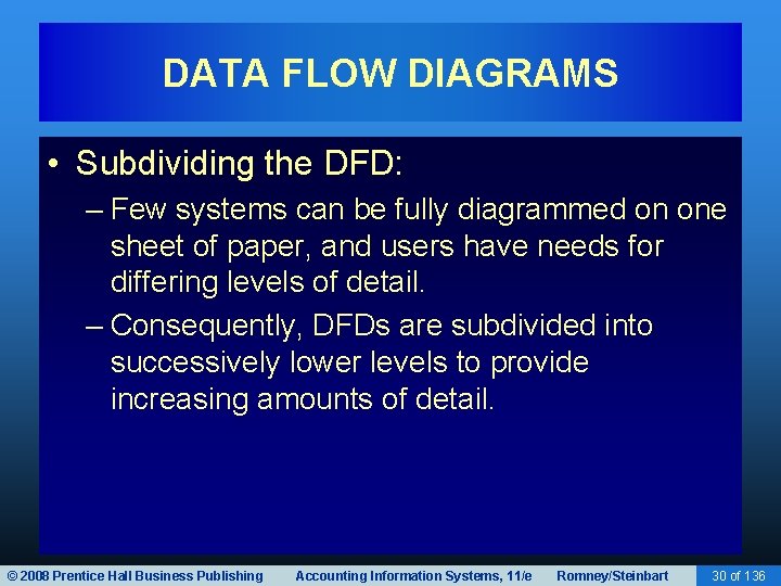 DATA FLOW DIAGRAMS • Subdividing the DFD: – Few systems can be fully diagrammed