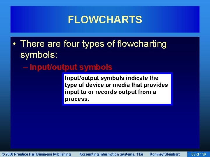 FLOWCHARTS • There are four types of flowcharting symbols: – Input/output symbols indicate the