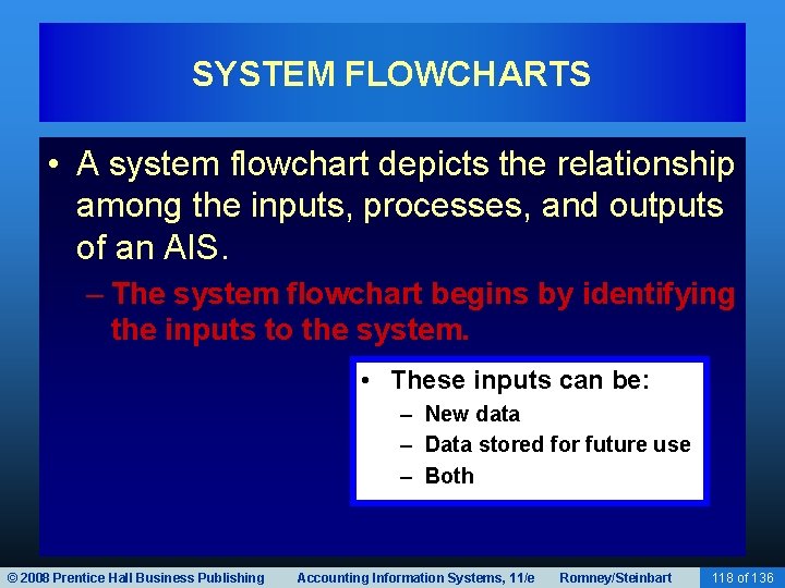 SYSTEM FLOWCHARTS • A system flowchart depicts the relationship among the inputs, processes, and