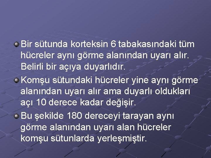 Bir sütunda korteksin 6 tabakasındaki tüm hücreler aynı görme alanından uyarı alır. Belirli bir