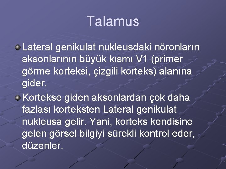 Talamus Lateral genikulat nukleusdaki nöronların aksonlarının büyük kısmı V 1 (primer görme korteksi, çizgili