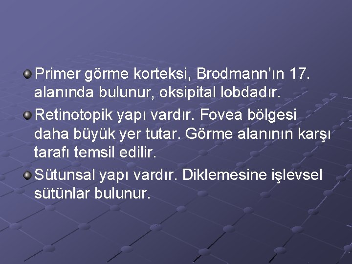 Primer görme korteksi, Brodmann’ın 17. alanında bulunur, oksipital lobdadır. Retinotopik yapı vardır. Fovea bölgesi