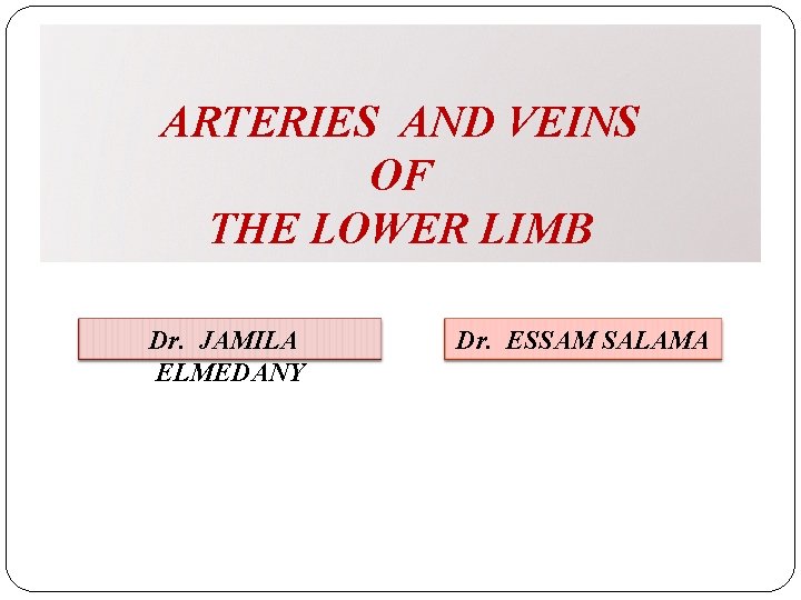 ARTERIES AND VEINS OF THE LOWER LIMB Dr. JAMILA ELMEDANY Dr. ESSAM SALAMA 