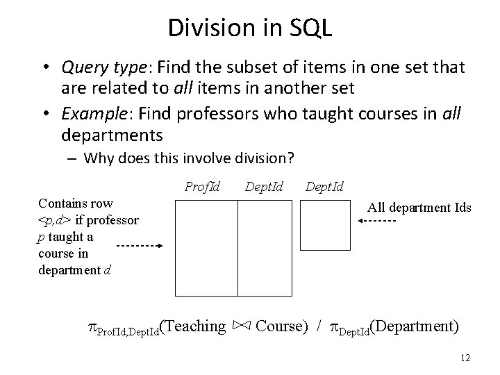 Division in SQL • Query type: Find the subset of items in one set