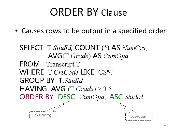 ORDER BY Clause • Causes rows to be output in a specified order SELECT