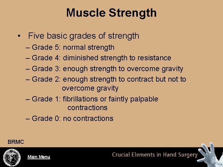 Muscle Strength • Five basic grades of strength – Grade 5: normal strength –